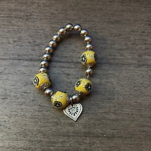 Yellow and Silver Beaded Bracelet with Heart Charm